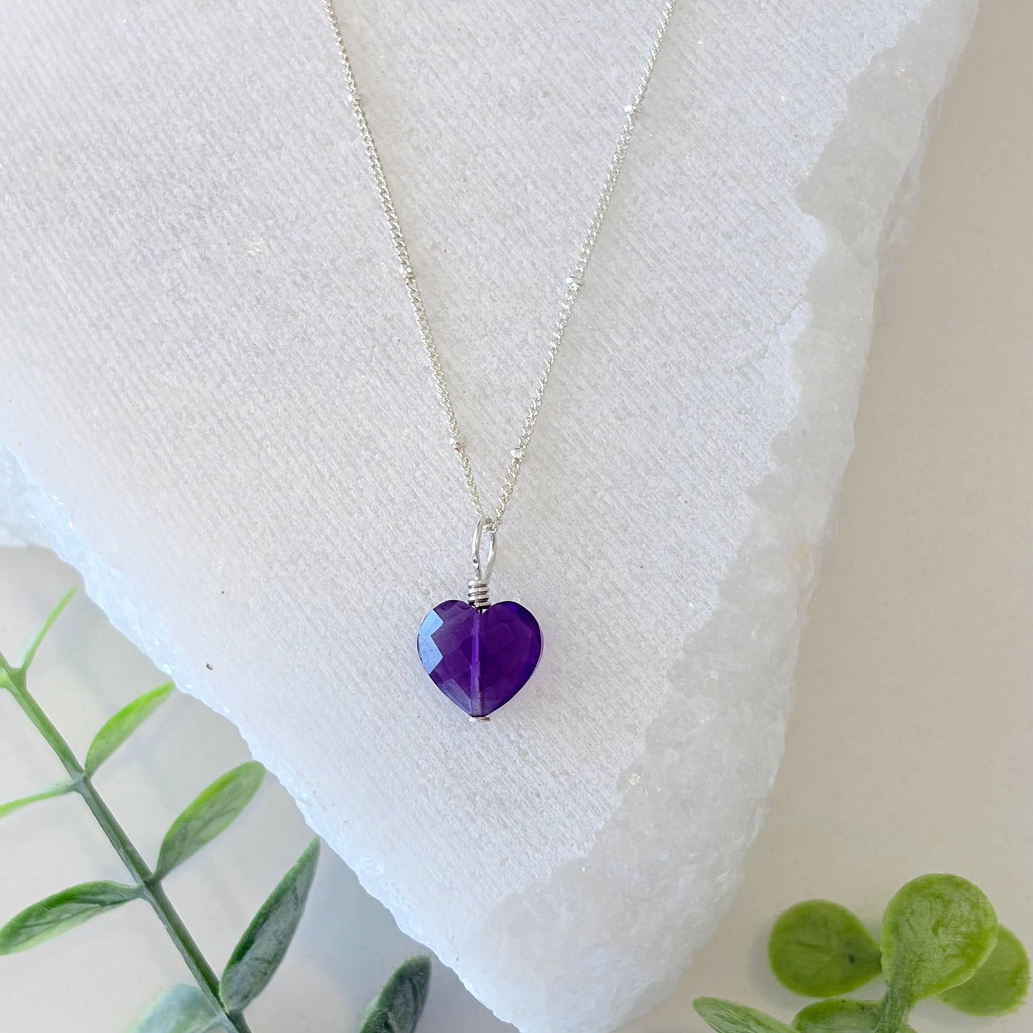 Amethyst Crystal Heart Pendant Necklace Sterling Silver