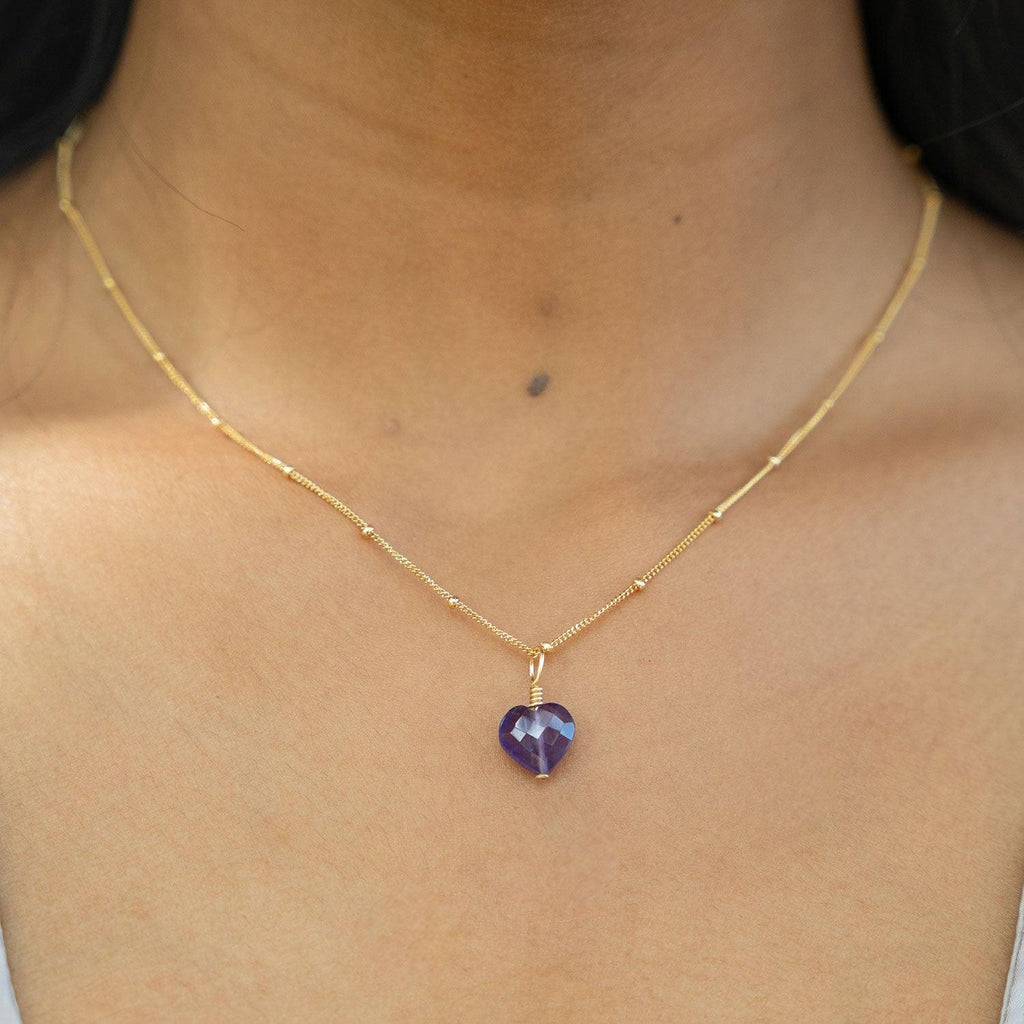 Amethyst Crystal Heart Pendant Necklace 14k Gold Fill
