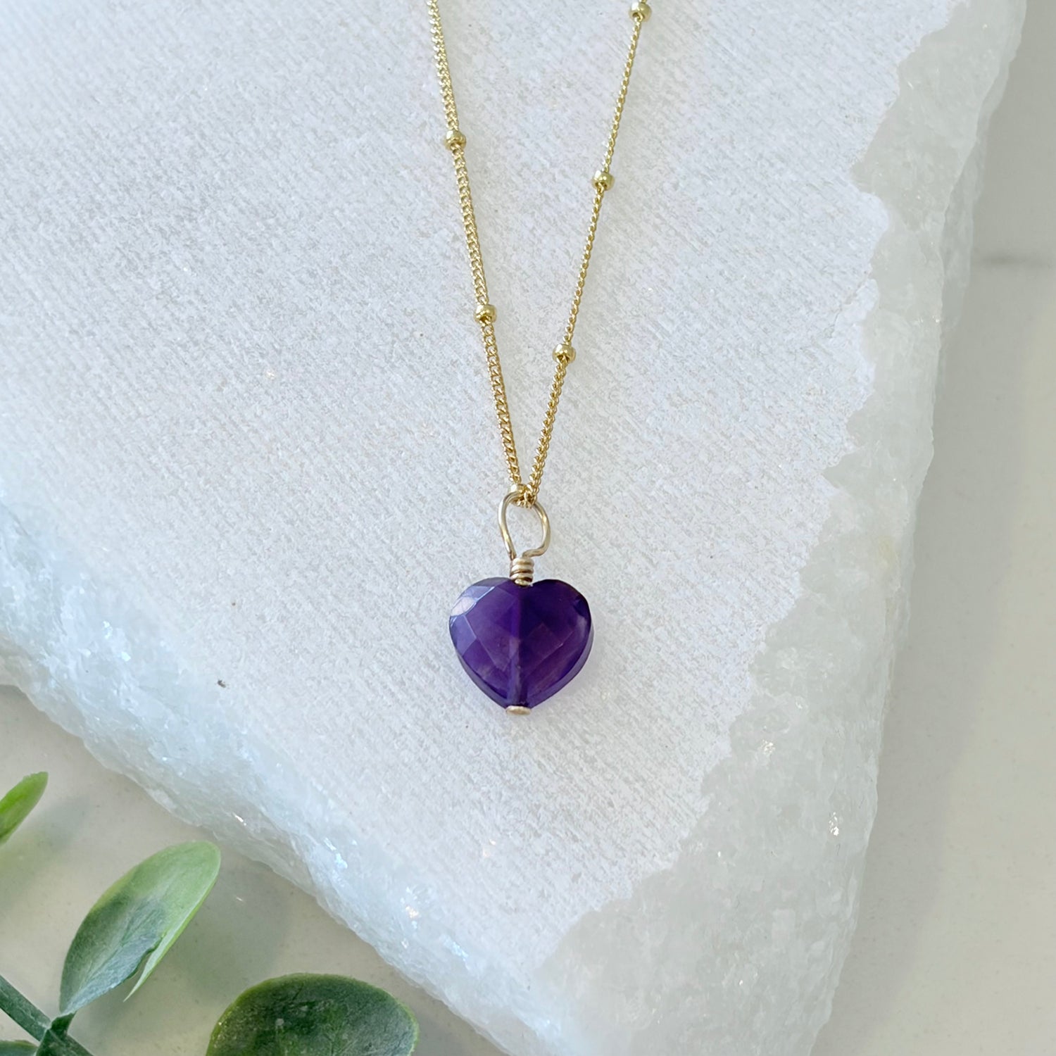 Amethyst Crystal Heart Pendant Necklace 14k Gold Fill