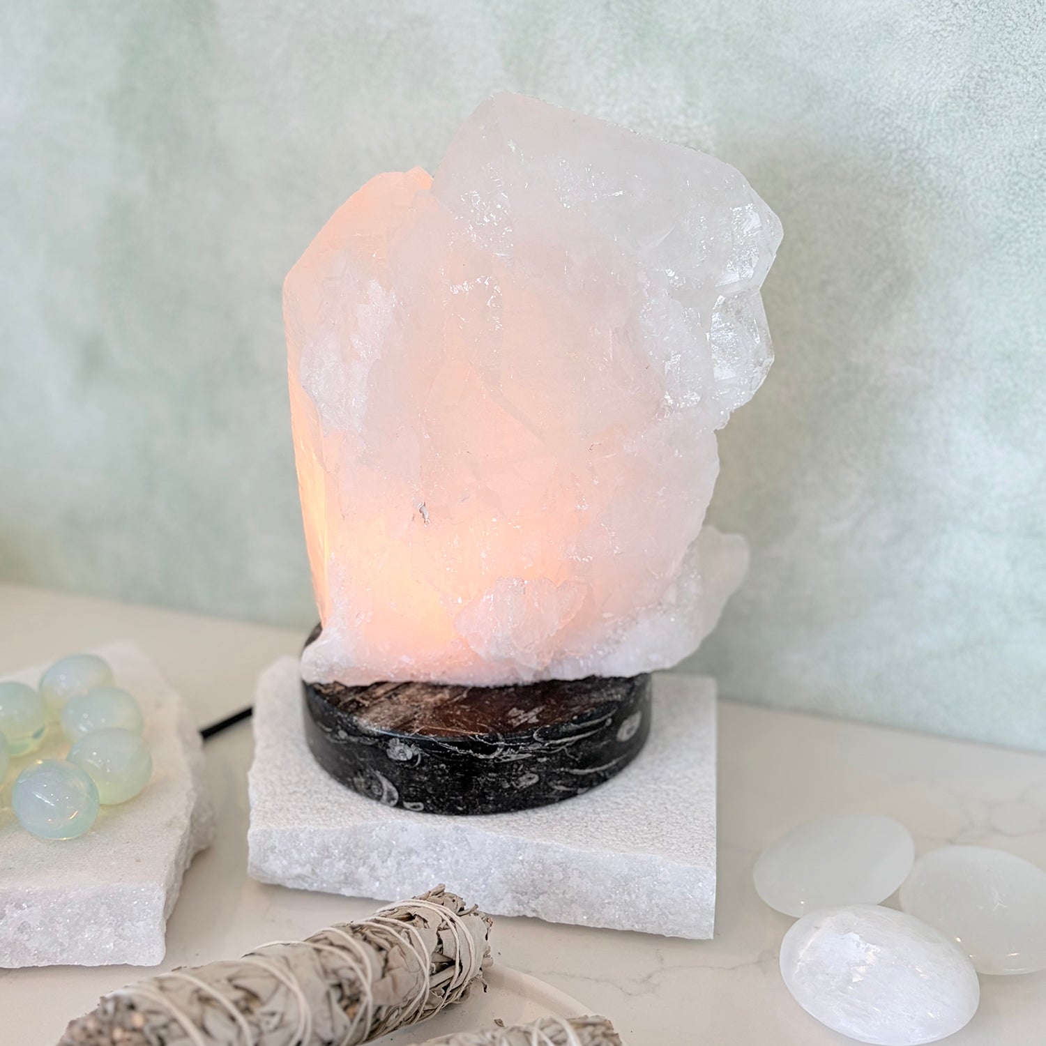 Clear Quartz Druze Lamp on Ancient Moroccan Orthoceras Fossil Base