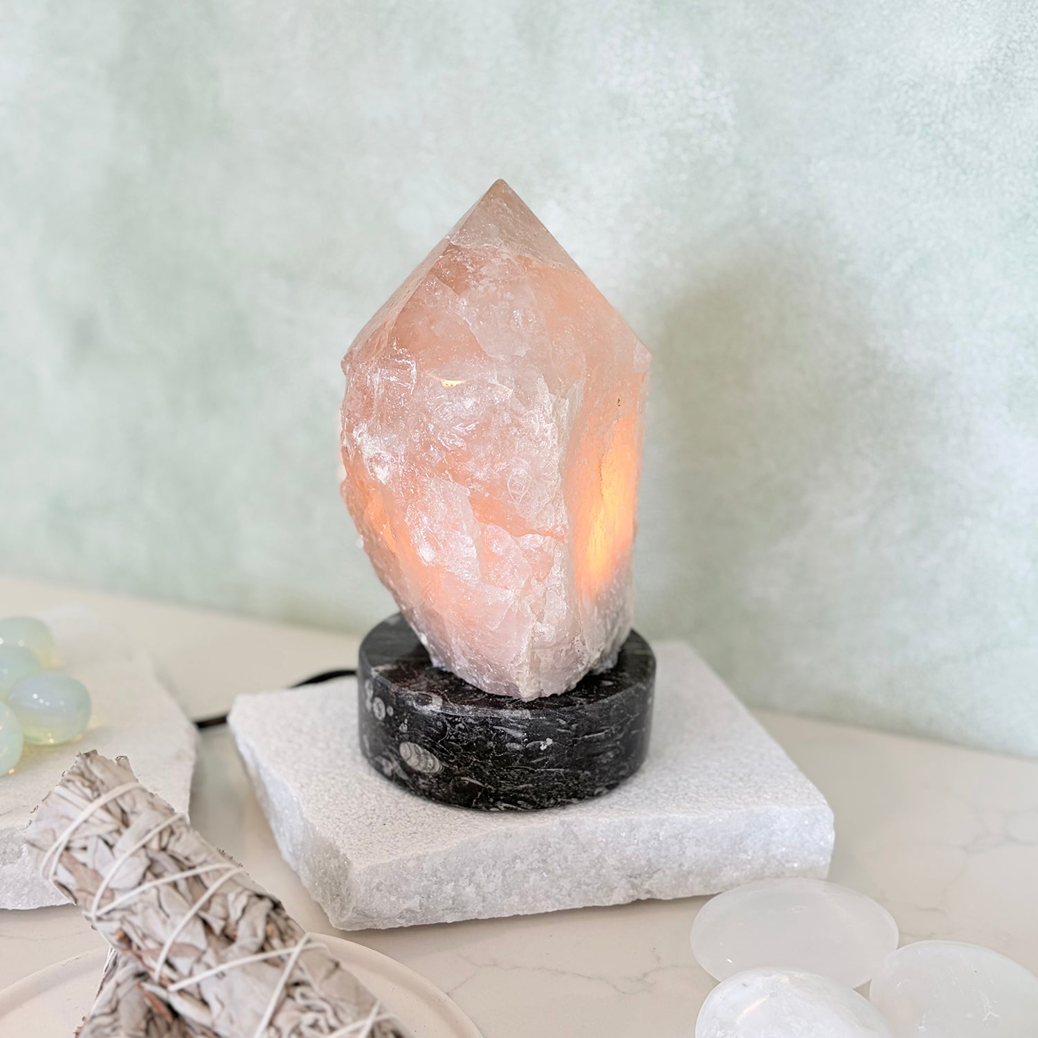 Smoky Quartz Point Lamp with Moroccan Fossil Orthoceras Base