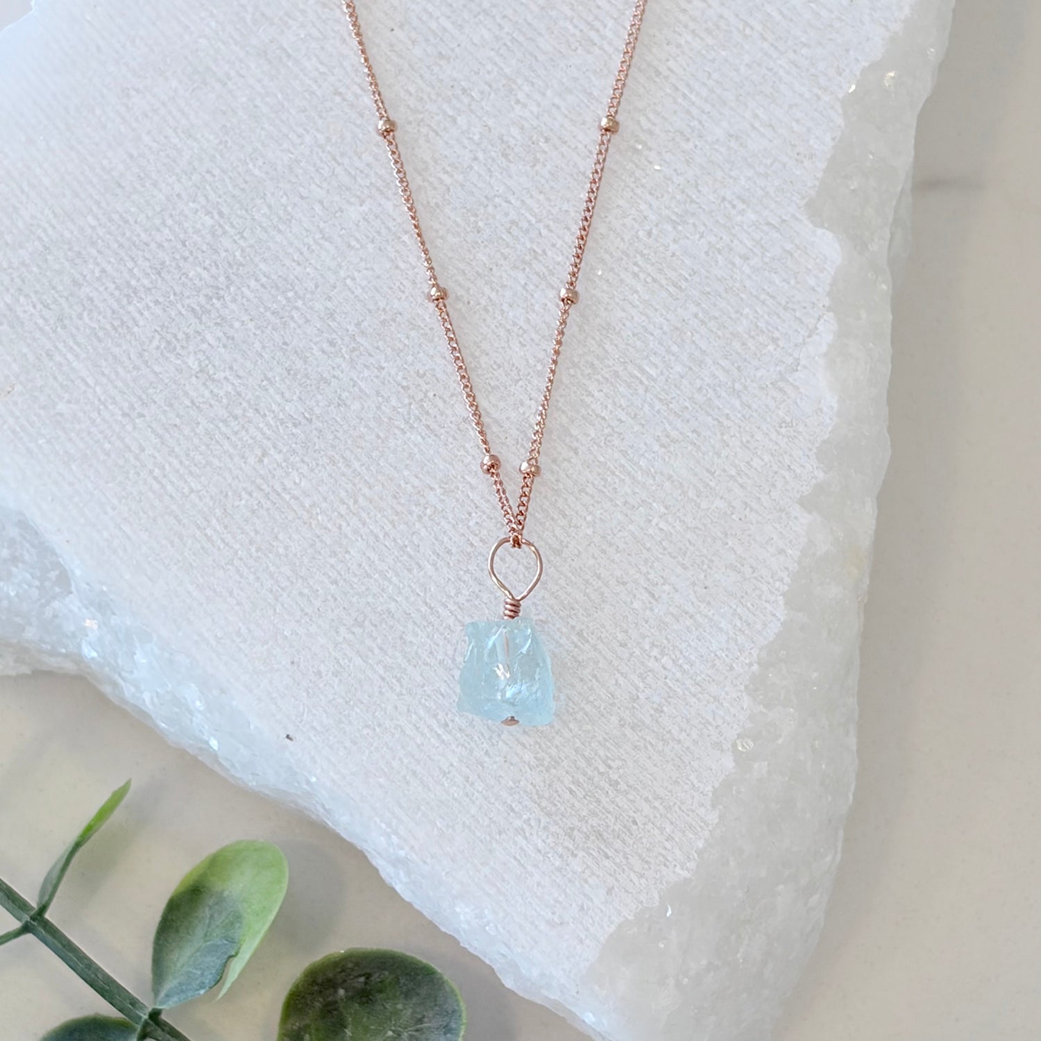 Aquamarine Raw Pendant Necklace Rose Gold