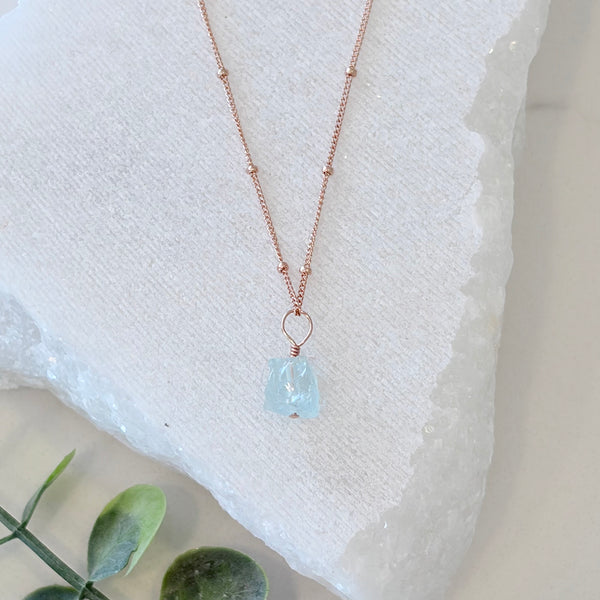 Aquamarine Raw Pendant Necklace Rose Gold